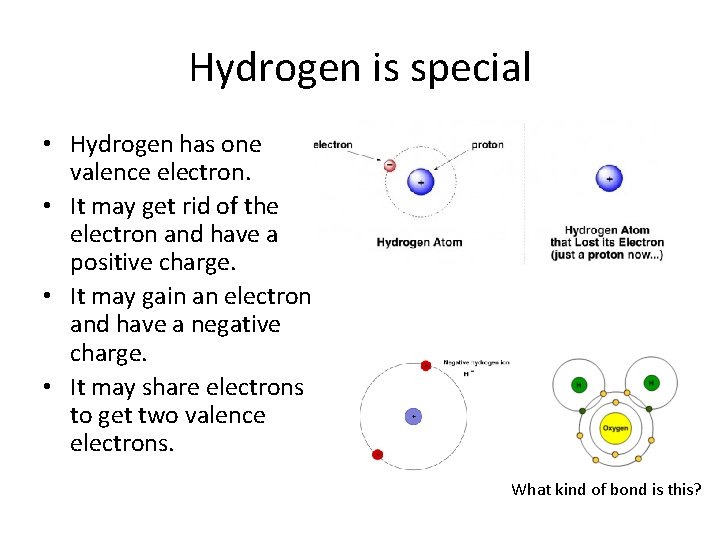 Hydrogen is special • Hydrogen has one valence electron. • It may get rid