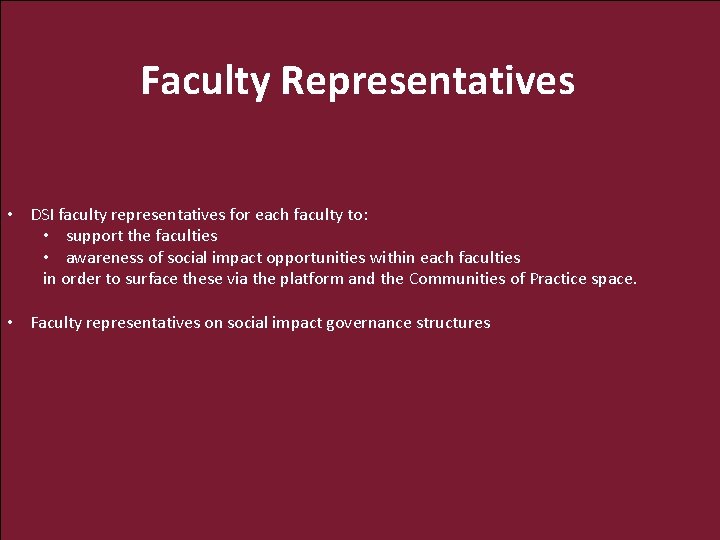 Faculty Representatives • DSI faculty representatives for each faculty to: • support the faculties