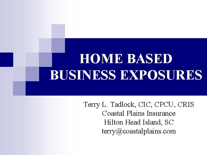 HOME BASED BUSINESS EXPOSURES Terry L. Tadlock, CIC, CPCU, CRIS Coastal Plains Insurance Hilton