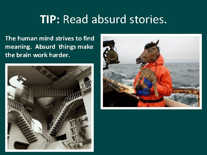 TIP: Read absurd stories. The human mind strives to find meaning. Absurd things make