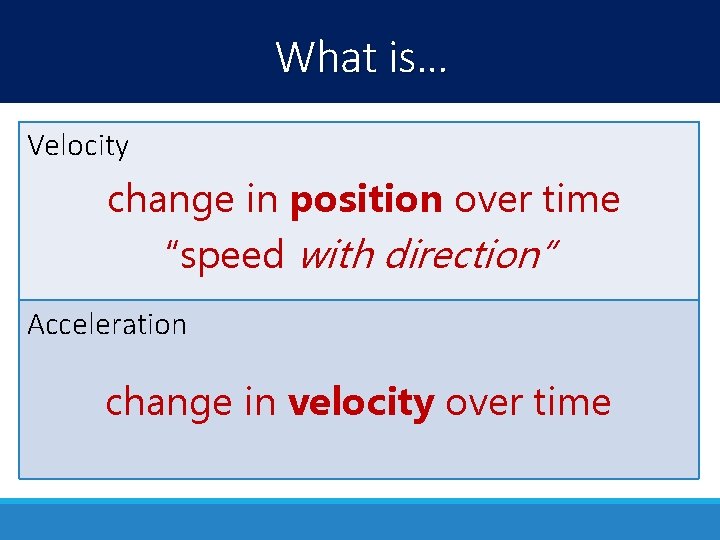 What is… Velocity change in position over time “speed with direction” Acceleration change in