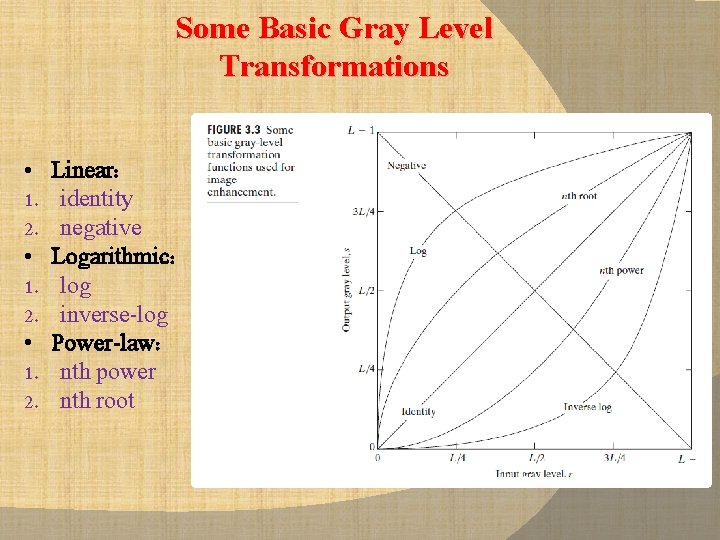 Some Basic Gray Level Transformations • 1. 2. Linear: identity negative Logarithmic: log inverse-log