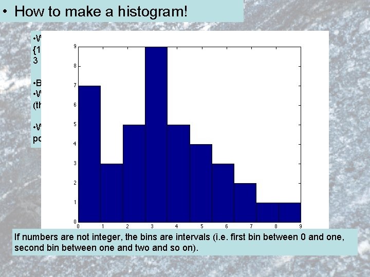  • How to make a histogram! • We’ve got the following data: {1