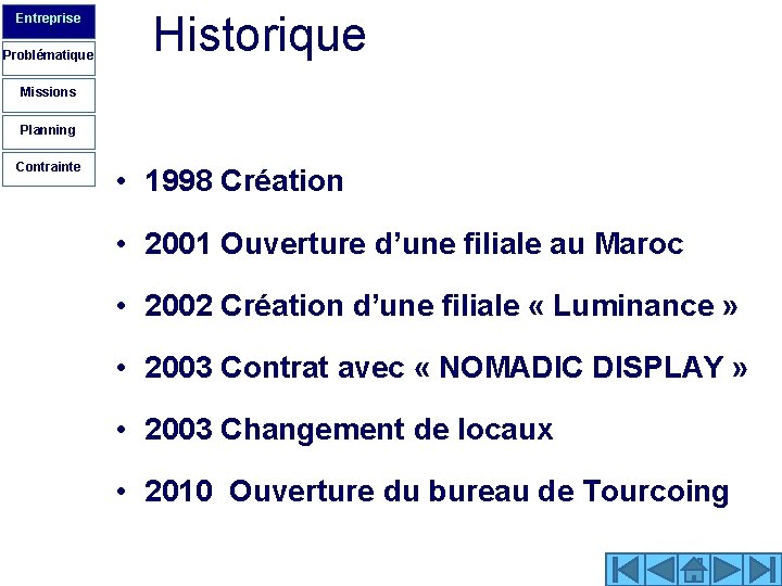 Entreprise Problématique Historique Missions Planning Contrainte • 1998 Création • 2001 Ouverture d’une filiale