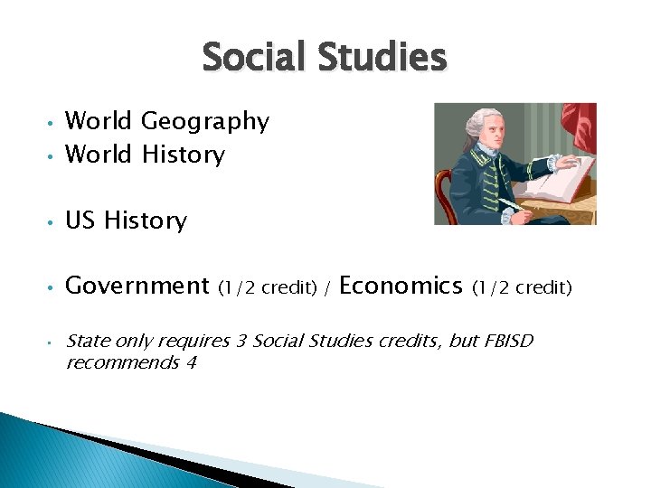 Social Studies • World Geography World History • US History • Government • •