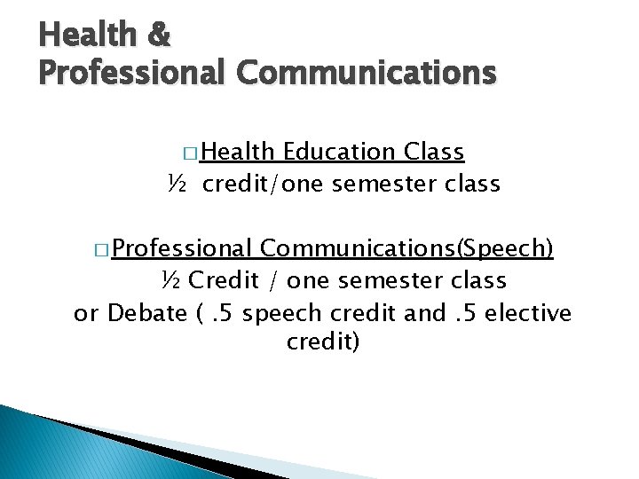 Health & Professional Communications � Health Education Class ½ credit/one semester class � Professional