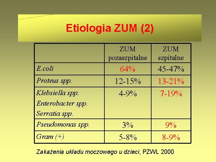 Etiologia ZUM (2) E. coli Proteus spp. Klebsiella spp. Enterobacter spp. Serratia spp. Pseudomonas