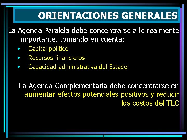 ORIENTACIONES GENERALES La Agenda Paralela debe concentrarse a lo realmente importante, tomando en cuenta: