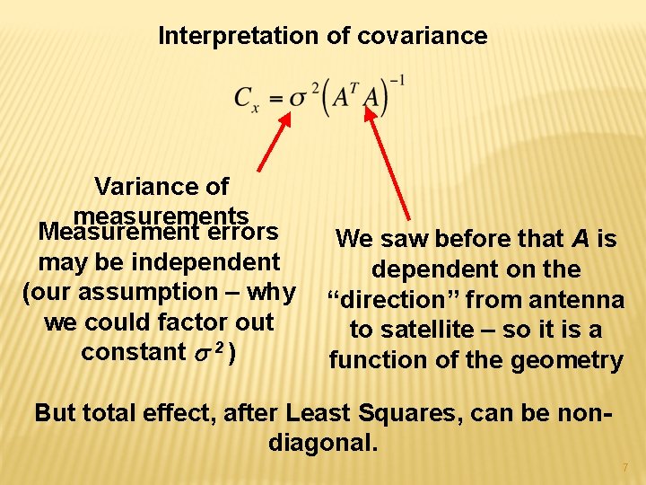 Interpretation of covariance Variance of measurements Measurement errors may be independent (our assumption –