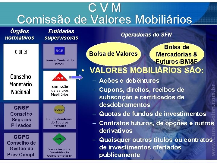 CVM Comissão de Valores Mobiliários Órgãos normativos Entidades supervisoras Operadoras do SFN Bolsa de