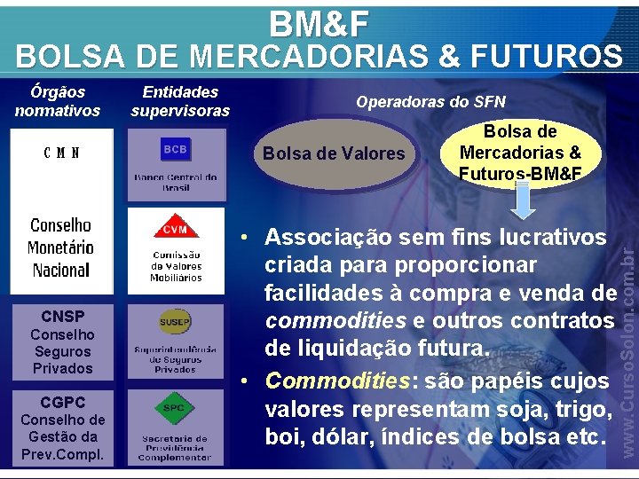 BM&F BOLSA DE MERCADORIAS & FUTUROS Entidades supervisoras Operadoras do SFN Bolsa de Valores
