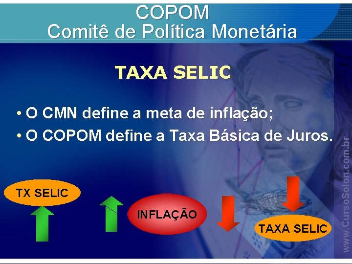 COPOM Comitê de Política Monetária • O CMN define a meta de inflação; •