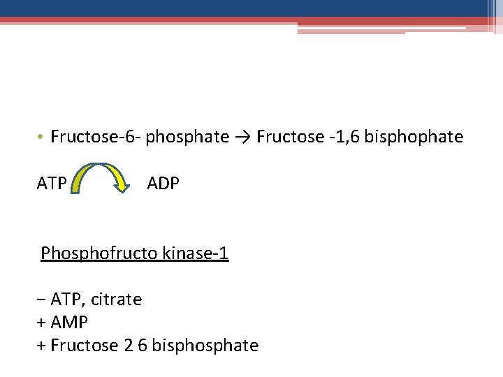  • Fructose-6 - phosphate → Fructose -1, 6 bisphophate ATP ADP Phosphofructo kinase-1