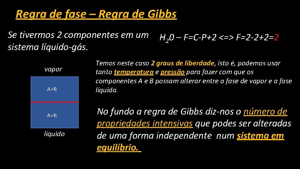 Regra de fase – Regra de Gibbs Se tivermos 2 componentes em um H