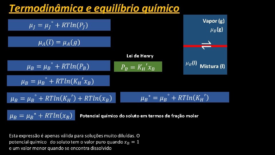 Termodinâmica e equilíbrio químico Vapor (g) Lei de Henry Potencial químico do soluto em
