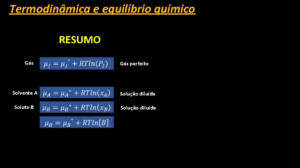 Termodinâmica e equilíbrio químico RESUMO Gás perfeito Solvente A Solução diluída Soluto B 