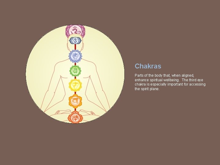 Chakras Parts of the body that, when aligned, enhance spiritual wellbeing. The third eye