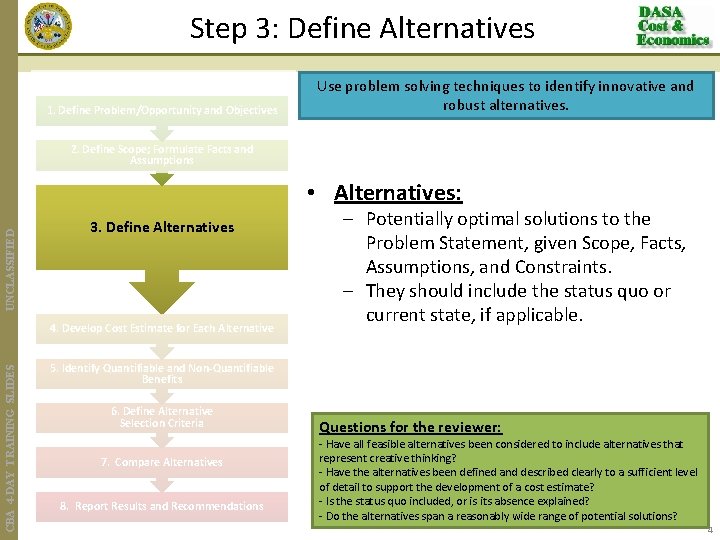 Step 3: Define Alternatives 1. Define Problem/Opportunity and Objectives Use problem solving techniques to
