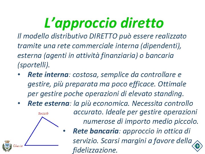 L’approccio diretto Il modello distributivo DIRETTO può essere realizzato tramite una rete commerciale interna