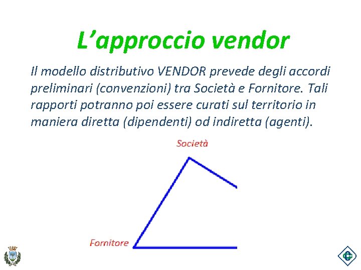 L’approccio vendor Il modello distributivo VENDOR prevede degli accordi preliminari (convenzioni) tra Società e