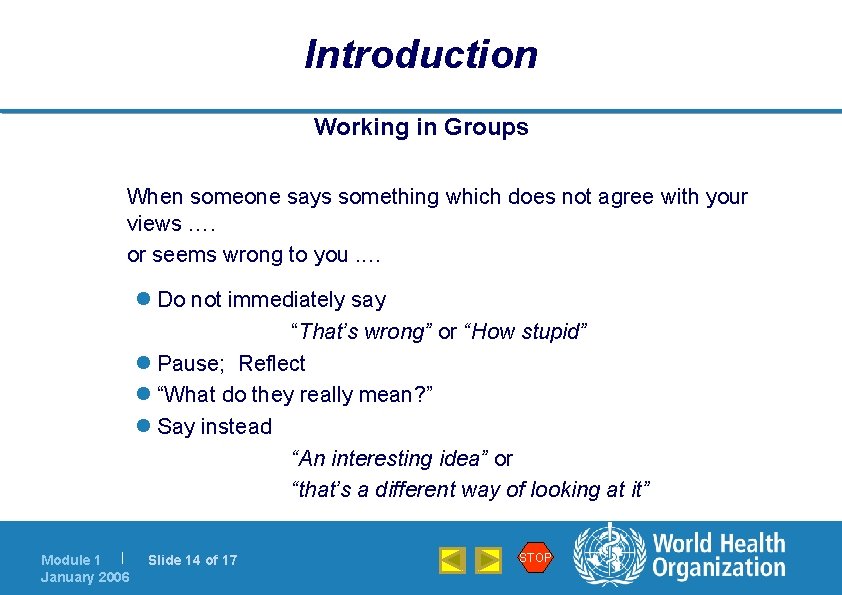 Introduction Working in Groups When someone says something which does not agree with your