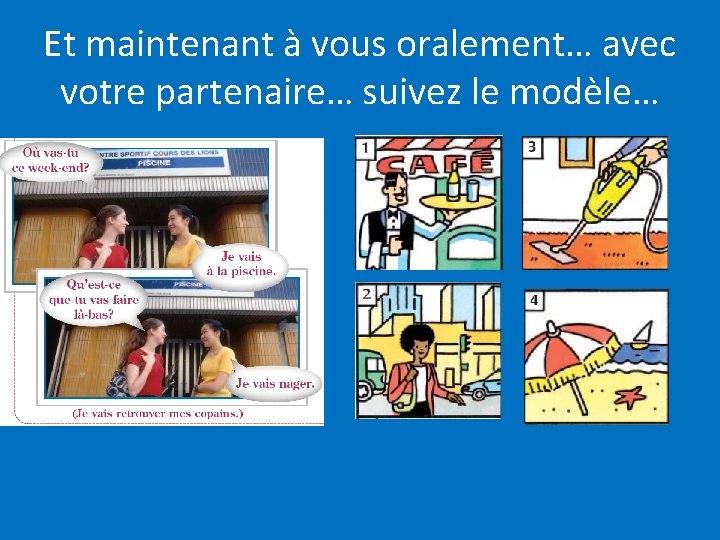 Et maintenant à vous oralement… avec votre partenaire… suivez le modèle… 