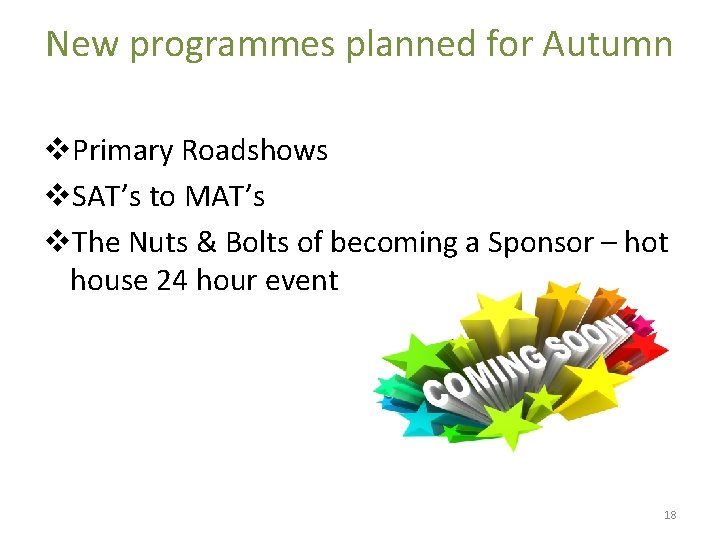 New programmes planned for Autumn v. Primary Roadshows v. SAT’s to MAT’s v. The