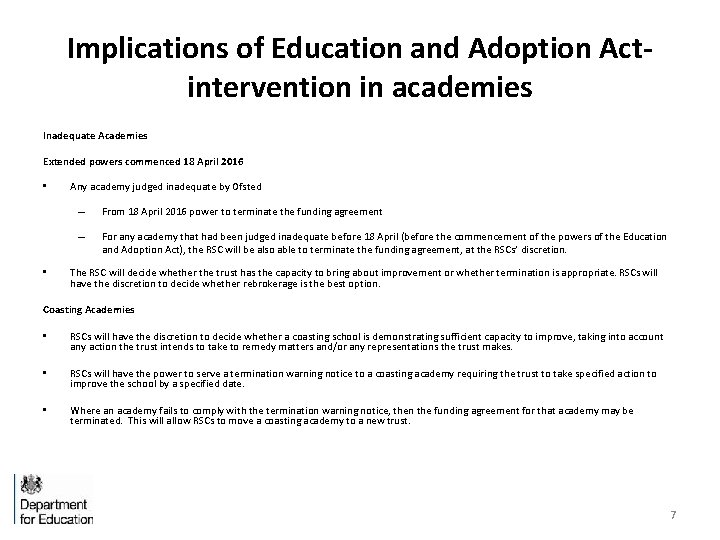 Implications of Education and Adoption Actintervention in academies Inadequate Academies Extended powers commenced 18