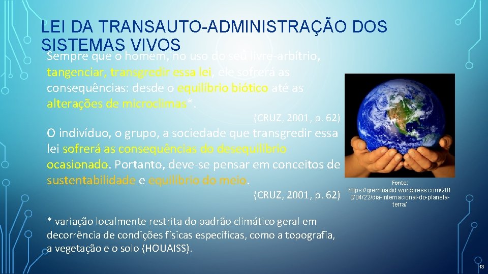 LEI DA TRANSAUTO-ADMINISTRAÇÃO DOS SISTEMAS VIVOS Sempre que o homem, no uso do seu