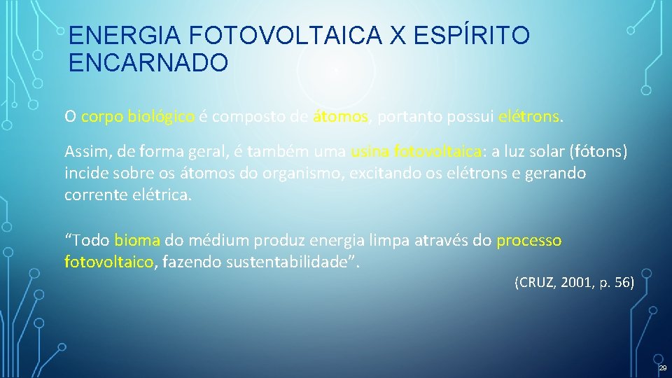 ENERGIA FOTOVOLTAICA X ESPÍRITO ENCARNADO O corpo biológico é composto de átomos, portanto possui