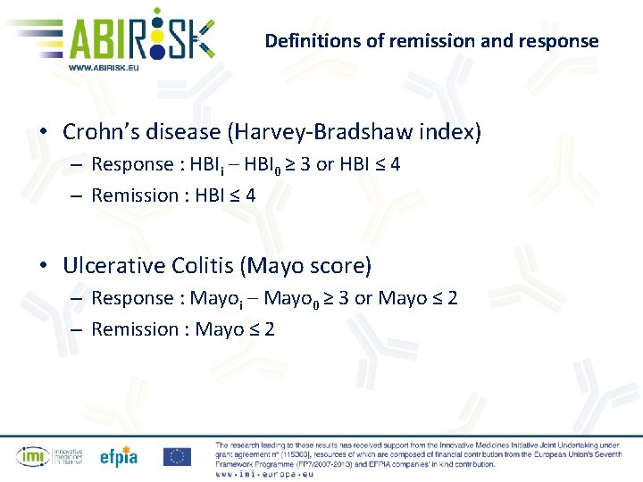 Definitions of remission and response • Crohn’s disease (Harvey-Bradshaw index) – Response : HBIi