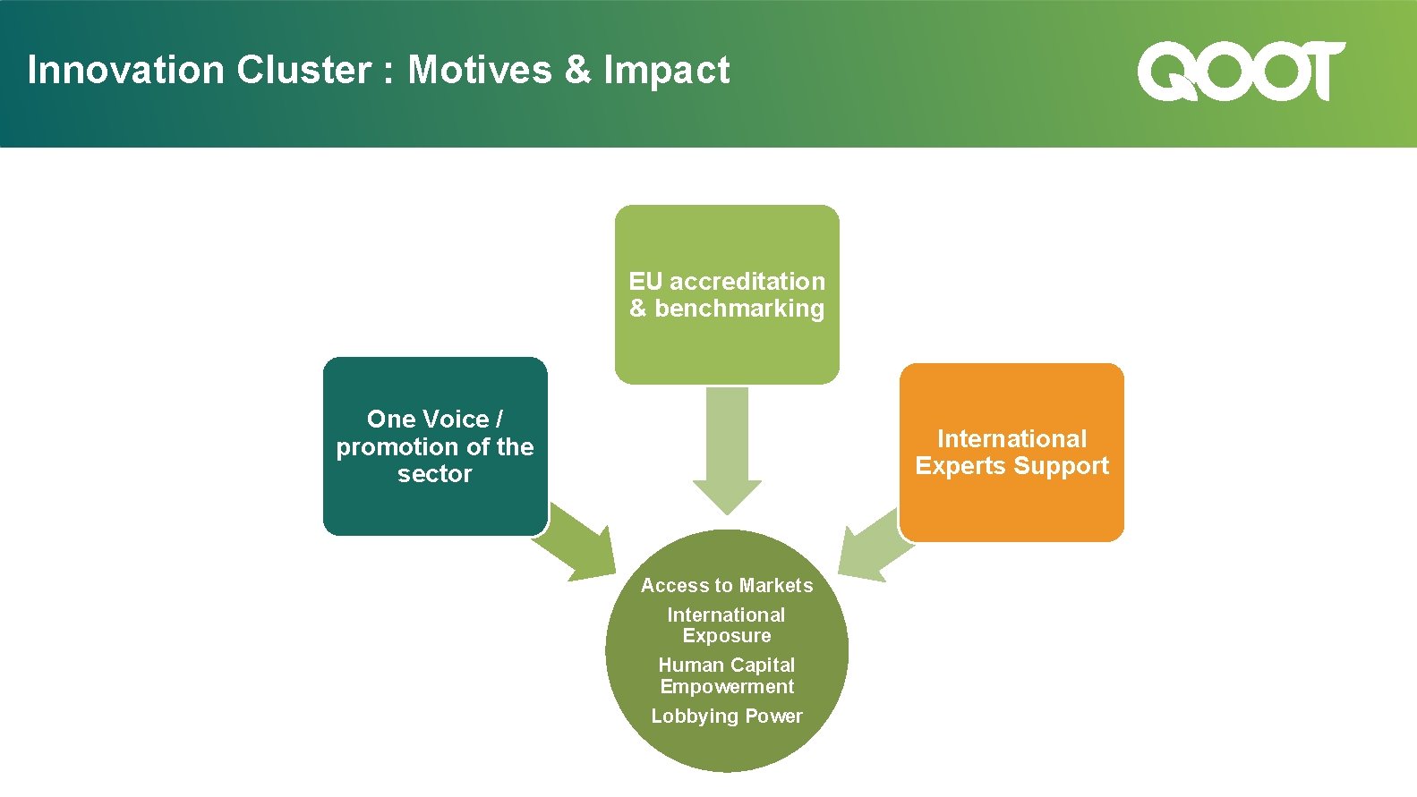 Innovation Cluster : Motives & Impact EU accreditation & benchmarking One Voice / promotion
