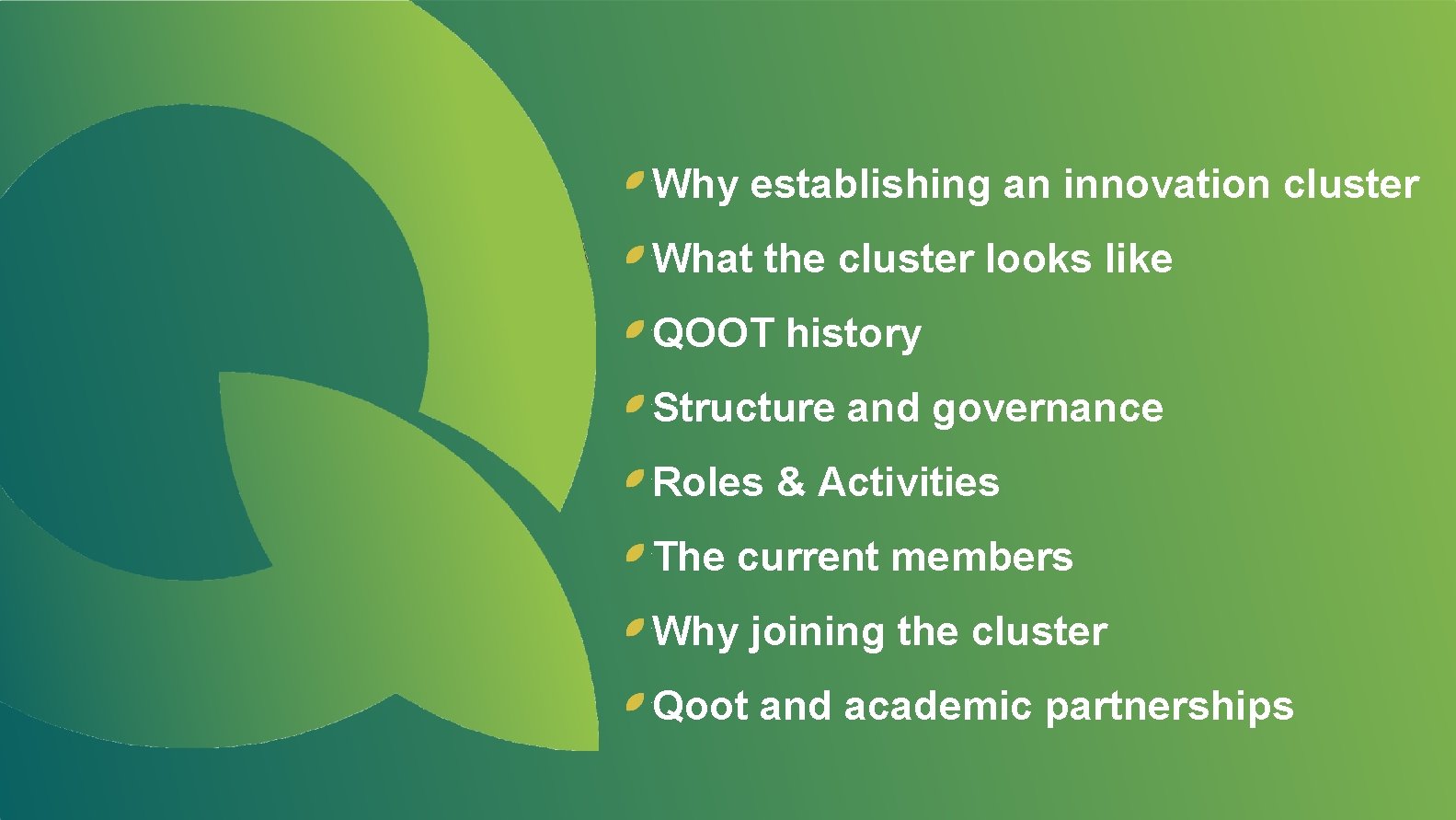 Why establishing an innovation cluster What the cluster looks like QOOT history Structure and