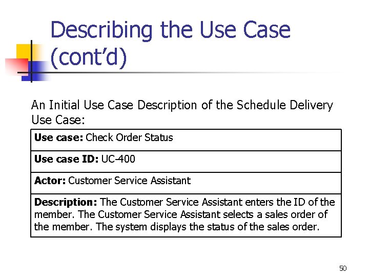 Describing the Use Case (cont’d) An Initial Use Case Description of the Schedule Delivery