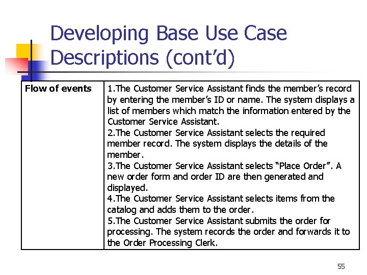 Developing Base Use Case Descriptions (cont’d) Flow of events 1. The Customer Service Assistant