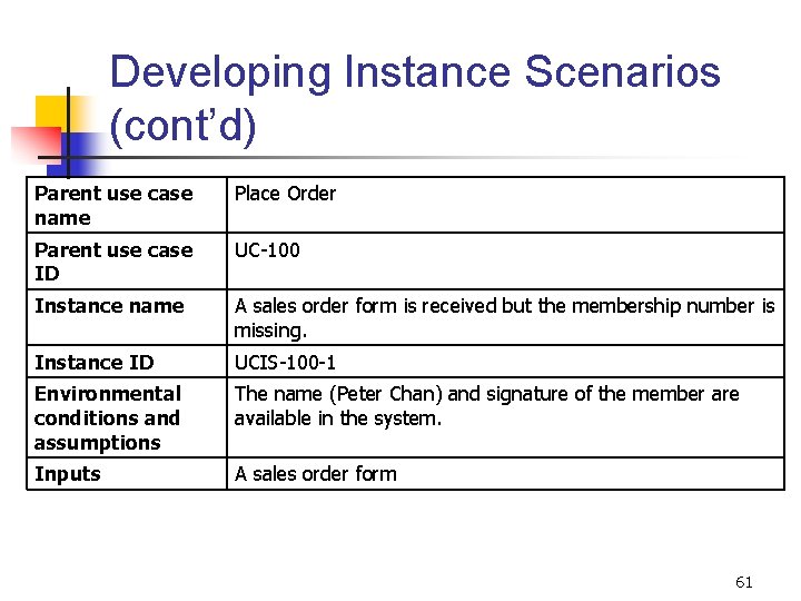 Developing Instance Scenarios (cont’d) Parent use case name Place Order Parent use case ID