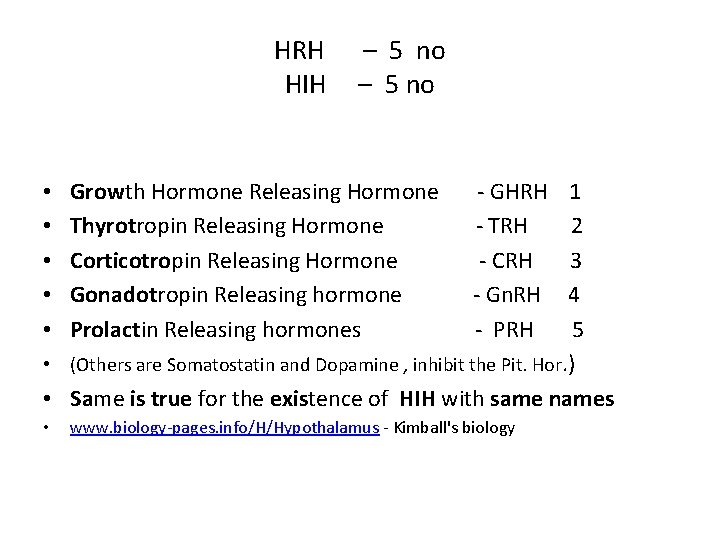 HRH HIH – 5 no • • • Growth Hormone Releasing Hormone Thyrotropin Releasing HRH HIH – 5 no • • • Growth Hormone Releasing Hormone Thyrotropin Releasing