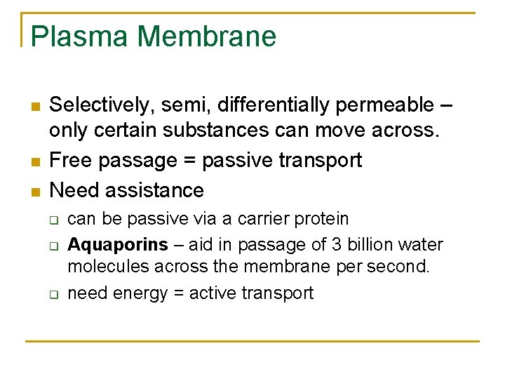 Plasma Membrane n n n Selectively, semi, differentially permeable – only certain substances can