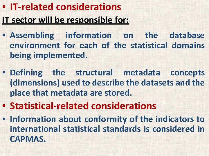  • IT-related considerations IT sector will be responsible for: • Assembling information on