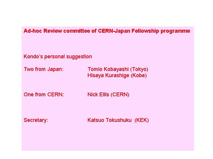 Ad-hoc Review committee of CERN-Japan Fellowship programme Kondo’s personal suggestion Two from Japan: Tomio