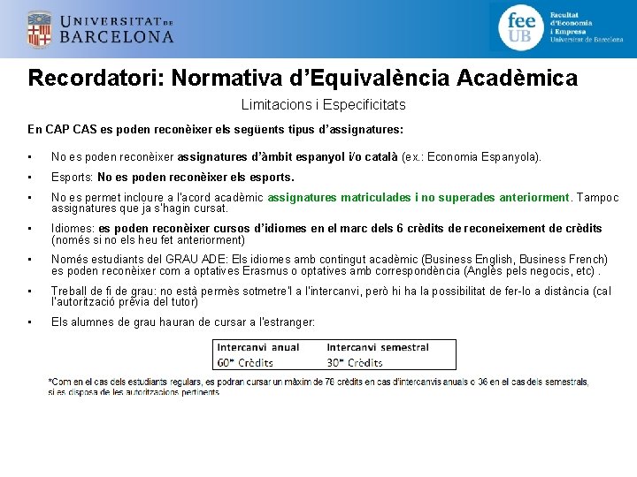 Recordatori: Normativa d’Equivalència Acadèmica Limitacions i Especificitats En CAP CAS es poden reconèixer els