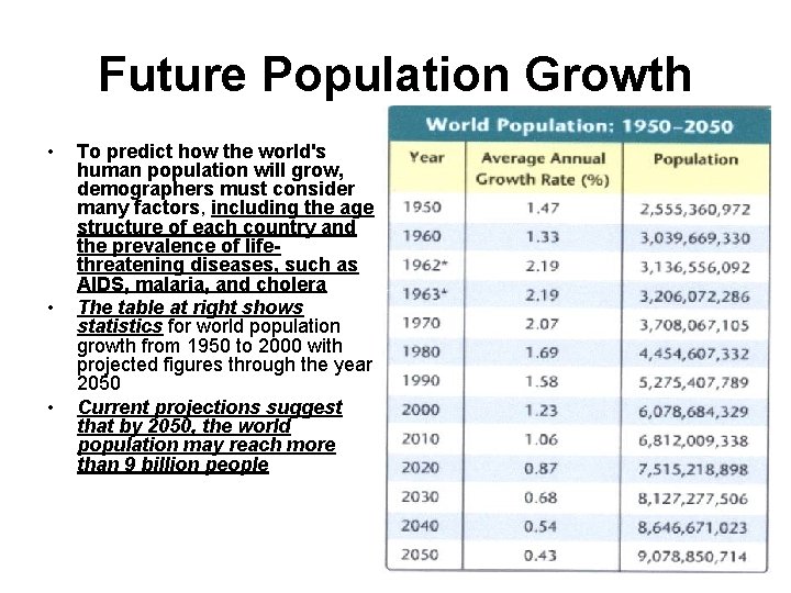 Future Population Growth • • • To predict how the world's human population will