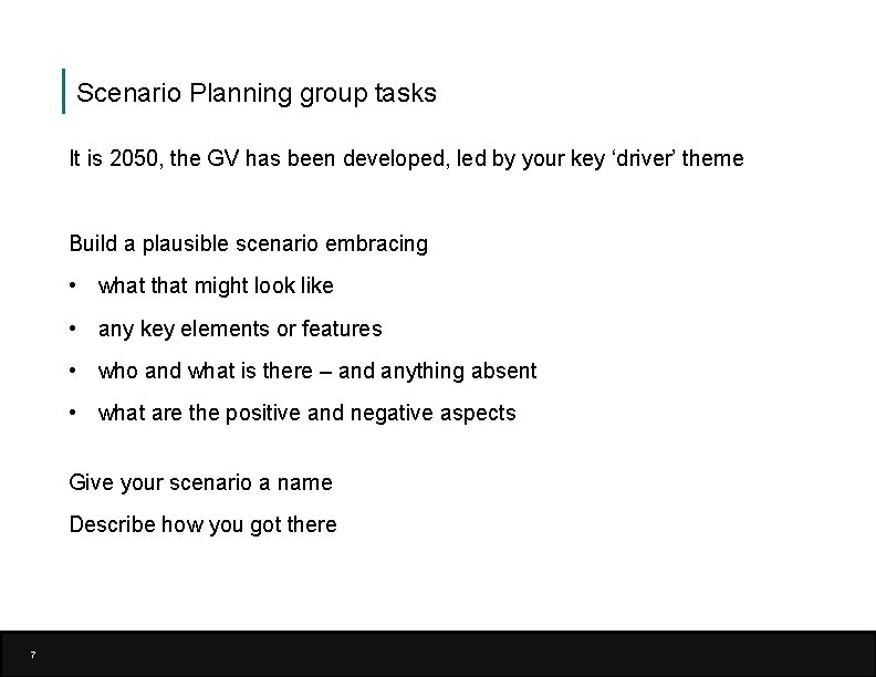 Scenario Planning group tasks It is 2050, the GV has been developed, led by