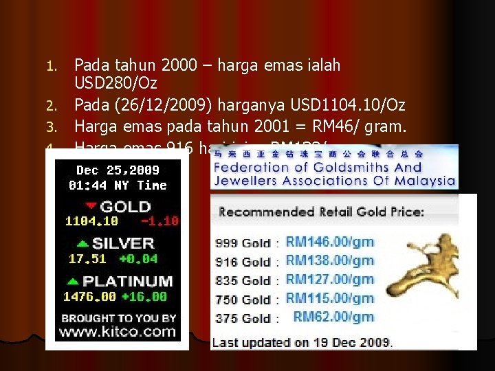 Pada tahun 2000 – harga emas ialah USD 280/Oz 2. Pada (26/12/2009) harganya USD