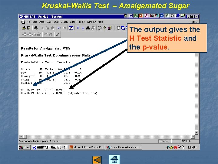 Kruskal-Wallis Test – Amalgamated Sugar The output gives the H Test Statistic and the