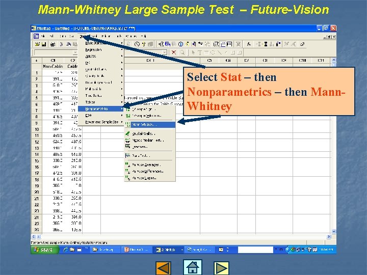 Mann-Whitney Large Sample Test – Future-Vision Select Stat – then Nonparametrics – then Mann.