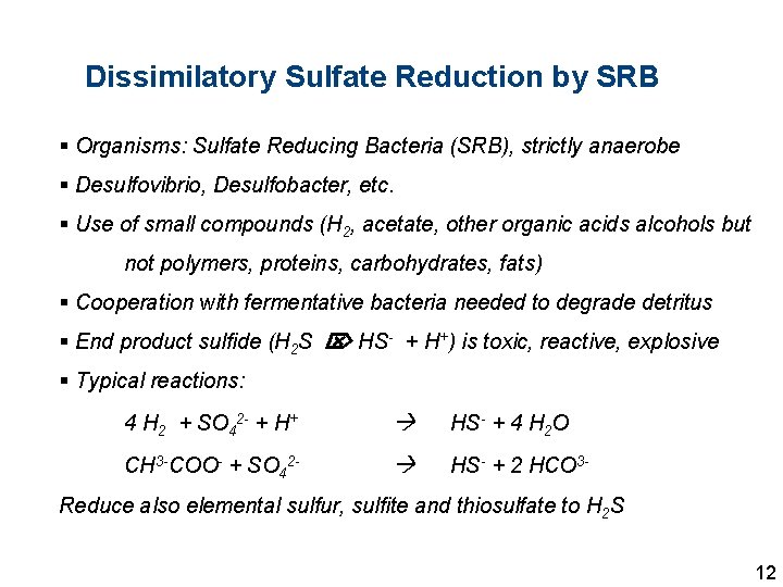 Dissimilatory Sulfate Reduction by SRB § Organisms: Sulfate Reducing Bacteria (SRB), strictly anaerobe §