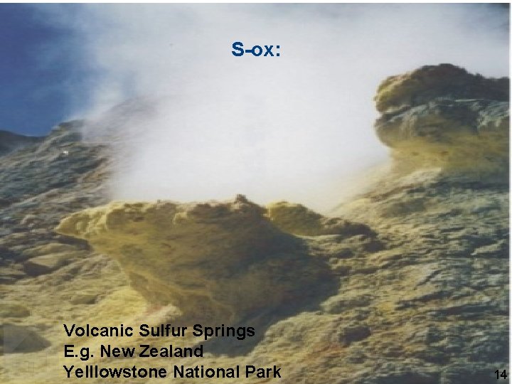 S-ox: Volcanic Sulfur Springs E. g. New Zealand Yelllowstone National Park 14 