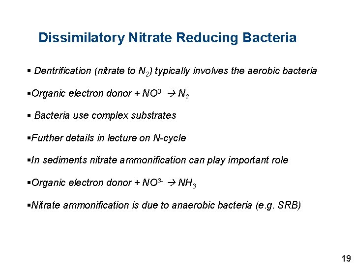 Dissimilatory Nitrate Reducing Bacteria § Dentrification (nitrate to N 2) typically involves the aerobic