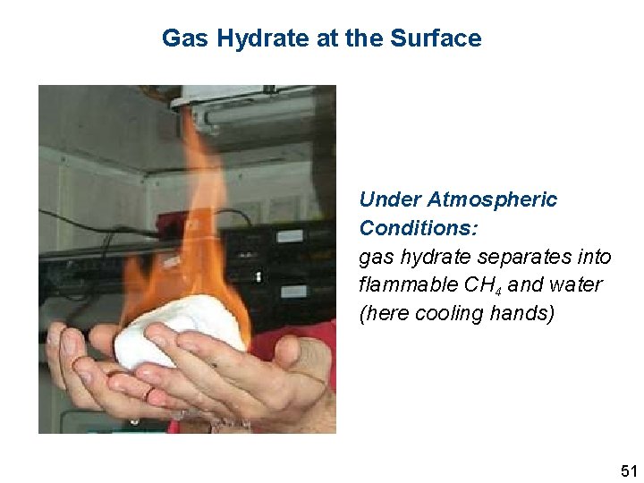 Gas Hydrate at the Surface Under Atmospheric Conditions: gas hydrate separates into flammable CH
